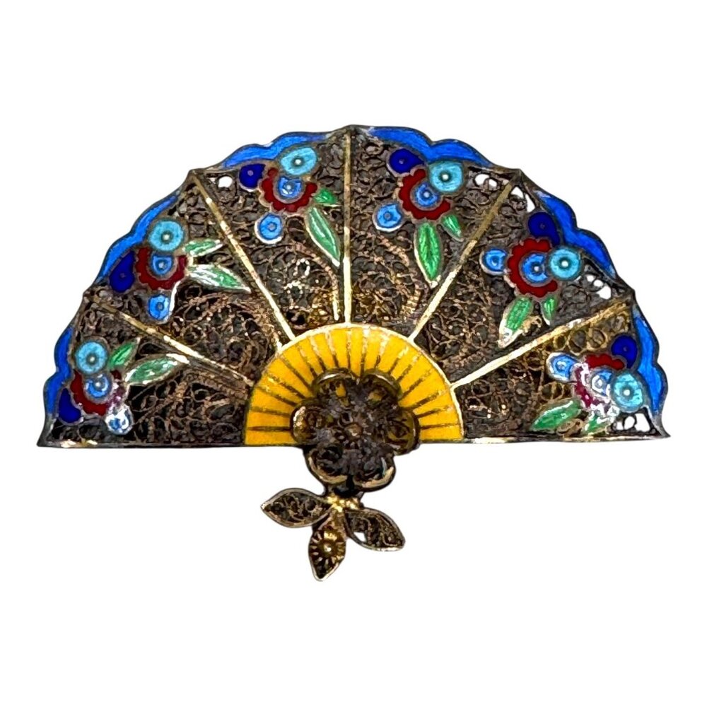 Vintage Topazio Bohemian Silver Filigree Enamel Fan Brooch 925 Blue Green 2"